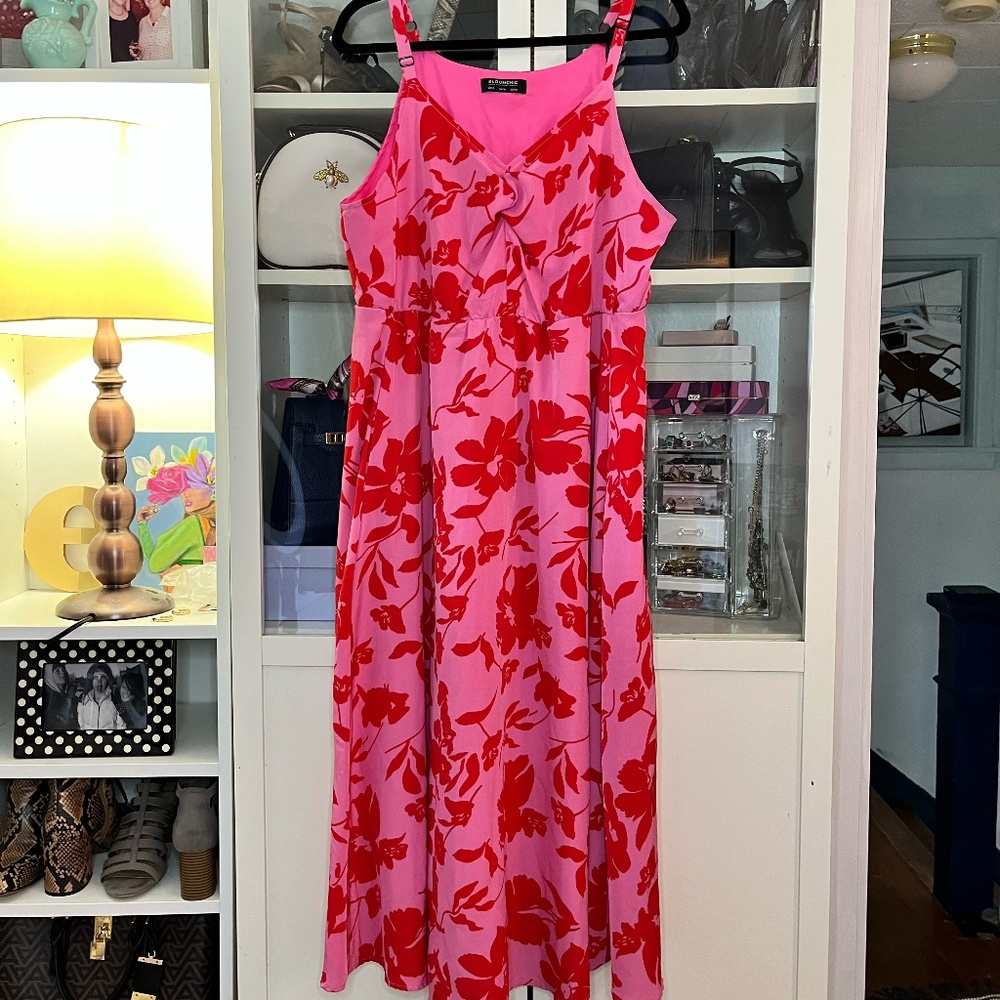 Pink & Red Floral Midi Length Dress Size 12